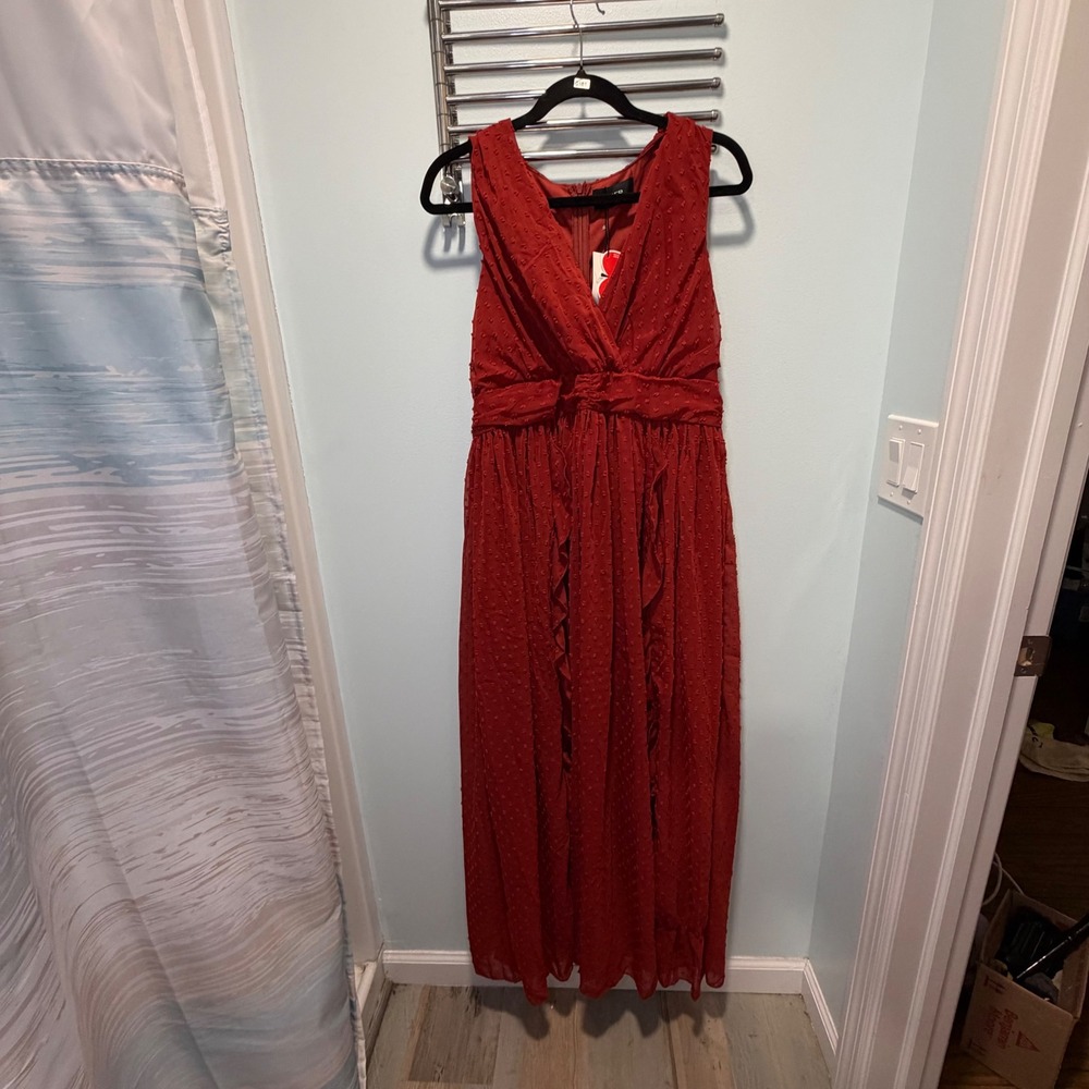 cider Swiss Dot Maxi Dress Dark Red Size 10 Ruffle Formal Wedding Guest Gown